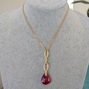 Swarovski Red Crystal Drop Pendant Double Chained Necklace 15"- 17"